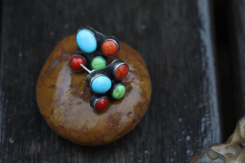 Kee C. Cook Navajo Turquoise and Coral Cluster Earrings, Signed Native American